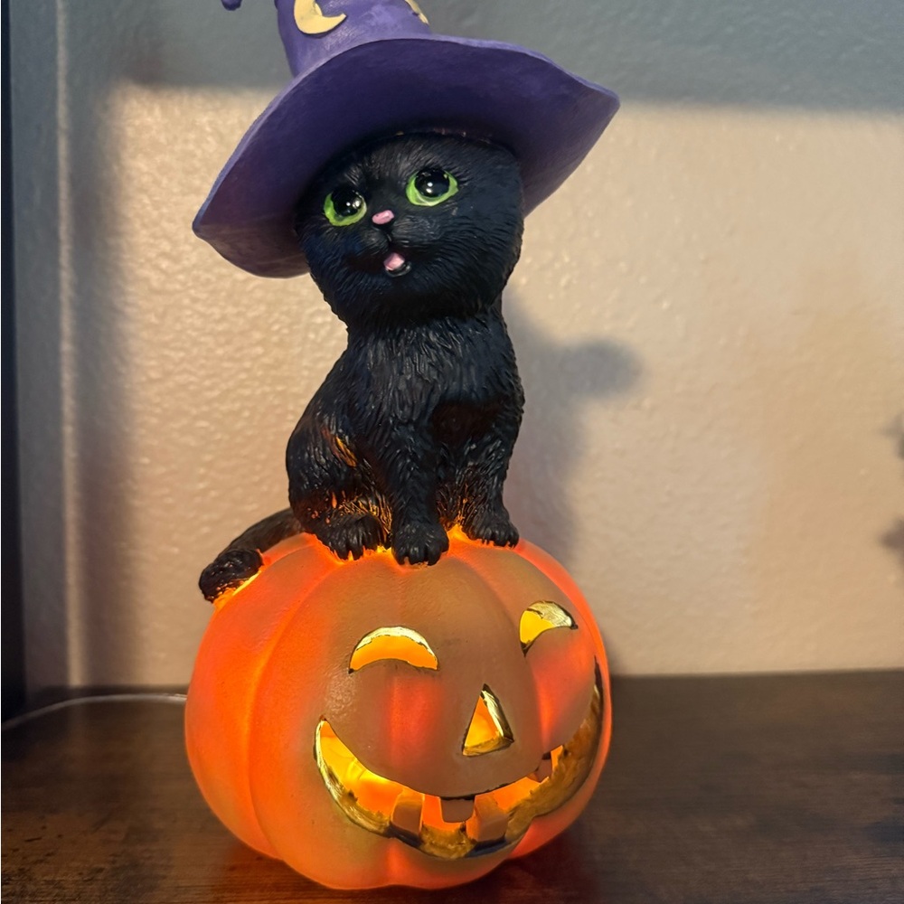 Halloween Black Cat Figurine with Pumpkin